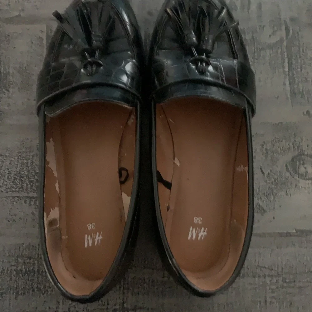 H&M Black Tassel Loafers, Size 38, Faux Leather